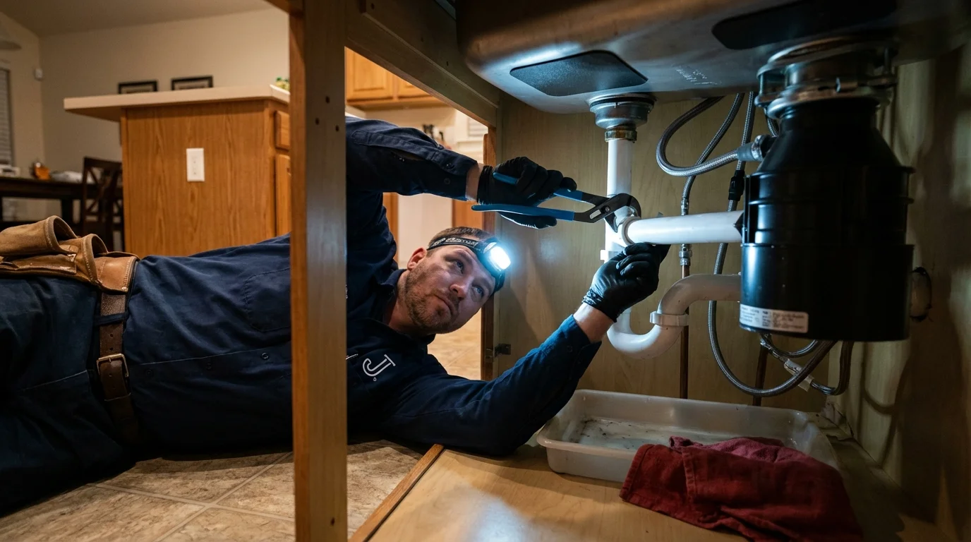 P-trap and supply line connections under a kitchen sink showing a common leak point in Bel Air, MD